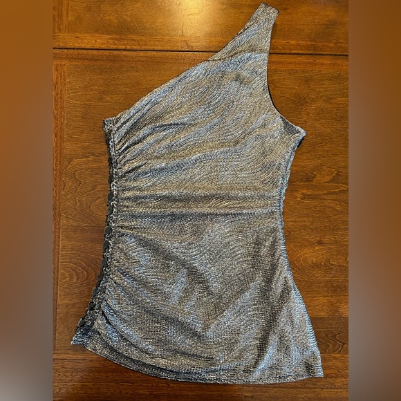 Cache Vintage Y2K One Shoulder Metallic Silver Bodycon Top with Side Zip Size XS - Picture 3 of 6